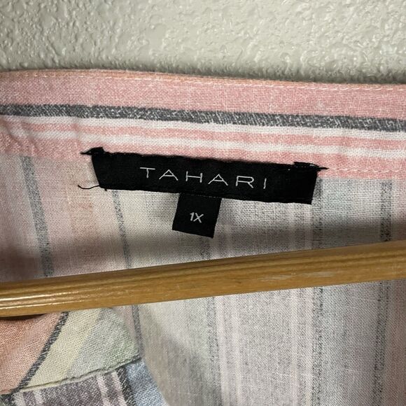 Tahari Womens 1X Striped Linen Blend Multicolor V Neck 3/4 Sleeve - Picture 2 of 4